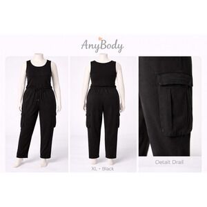 AnyBody Womens XL Sleeveless Mixed Media Cargo Jumpsuit Black A636692 NWT